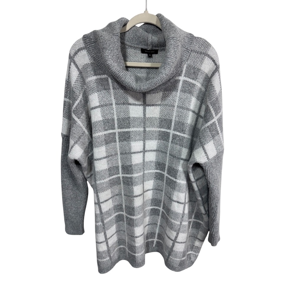 Verve Ami Women's Medium Gray Plaid Cowl Neck Oversized Sweater Long Sleeve